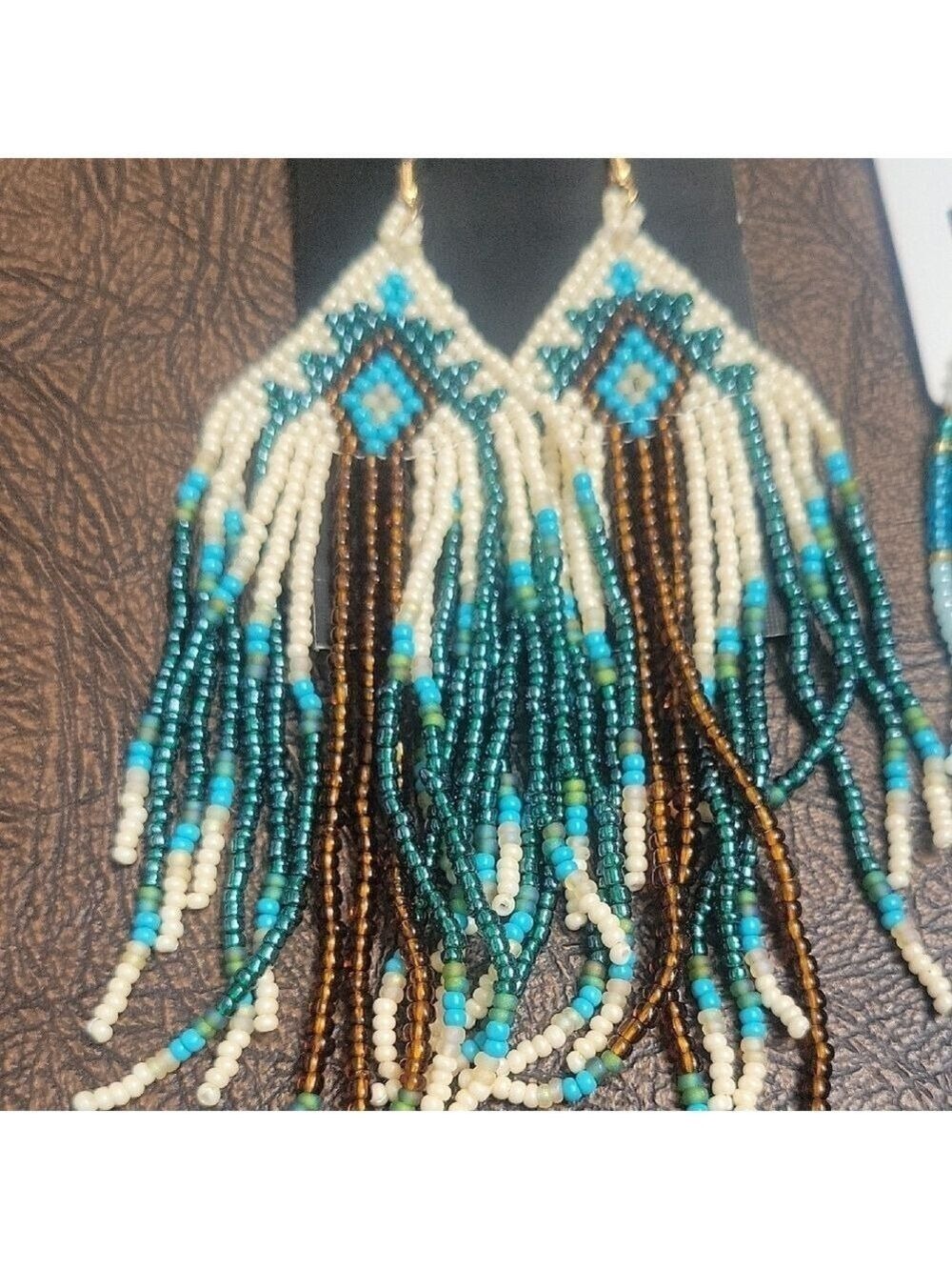 Boho Beaded Fringe Earrings Lot 2 Pairs Turquoise Brown White - Picture 2 of 9